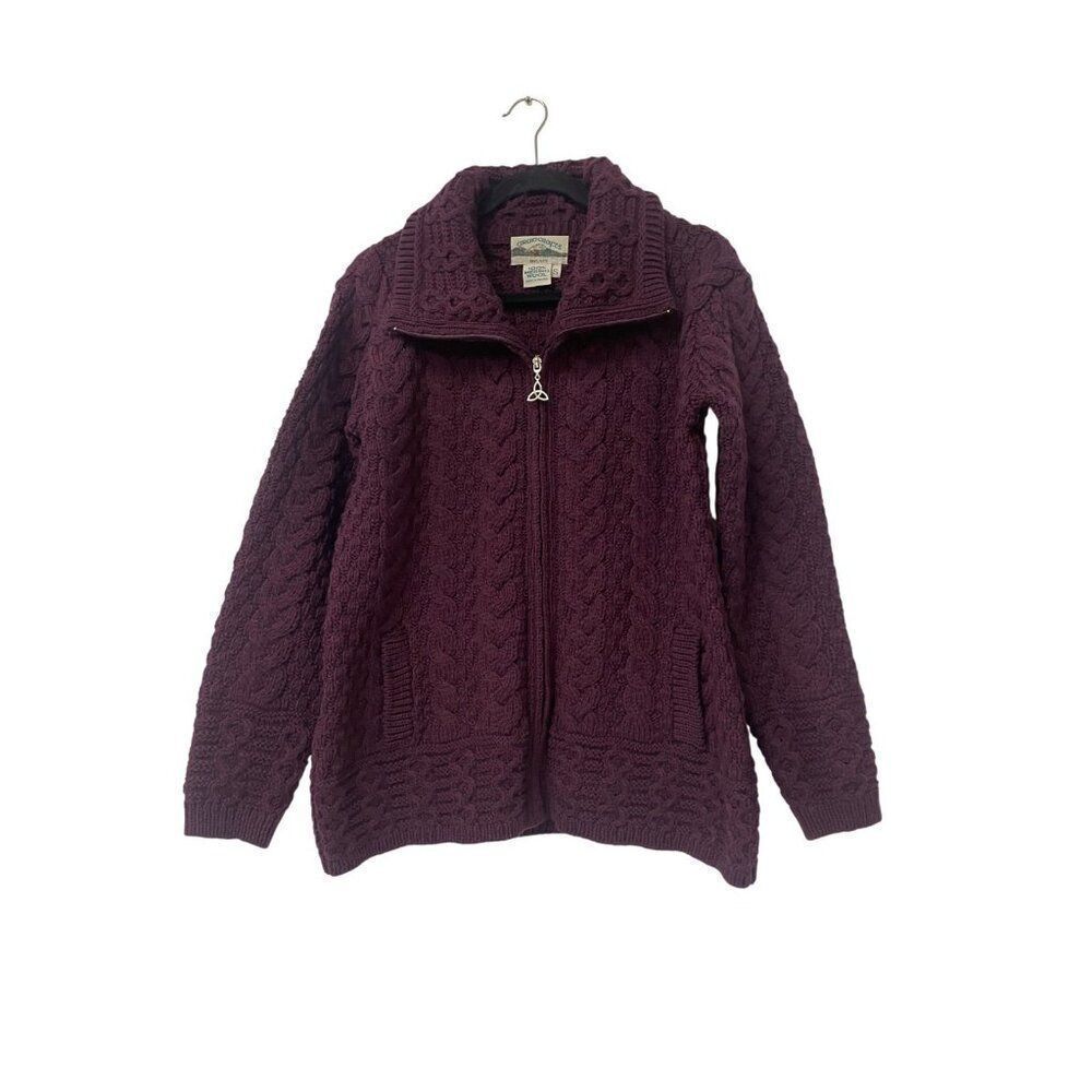 Aran Crafts Ireland Womens Cardigan Sweater Small Cable Merino Wool Purple NWOT